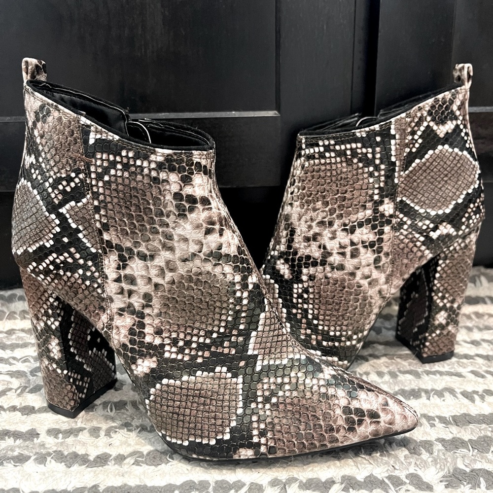 Snakeskin Booties, Size 7.5. Worn once.